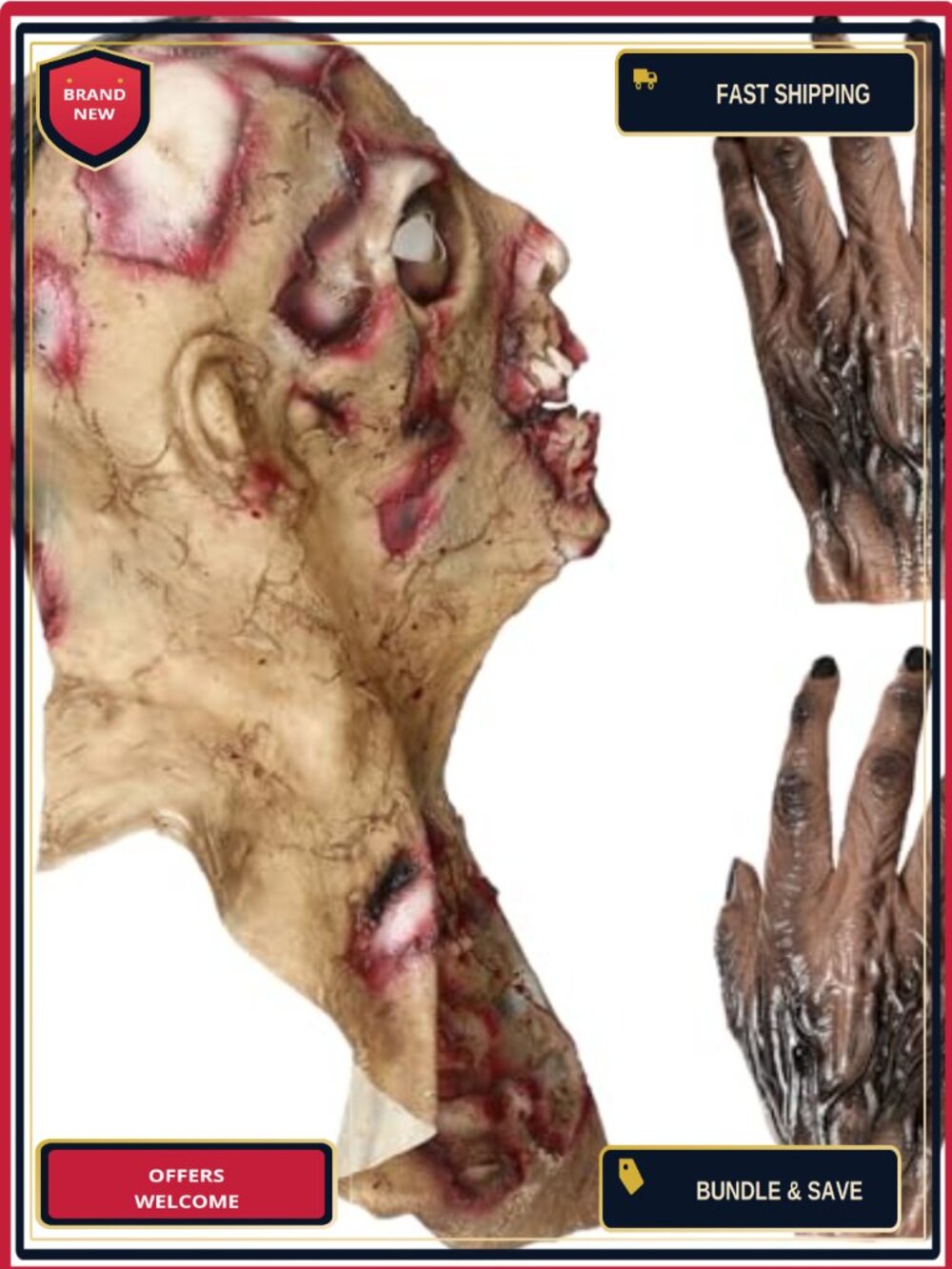 Full Head Latex Zombie Mask Set with Gloves Realistic Horror Cosplay